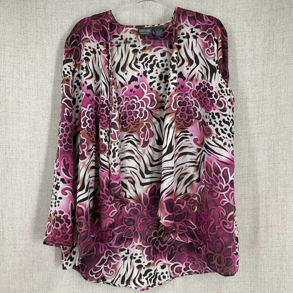 Chicos Cardigan Women Sz M Pink Floral Animal Print Open Front‎ Duster Whimsical